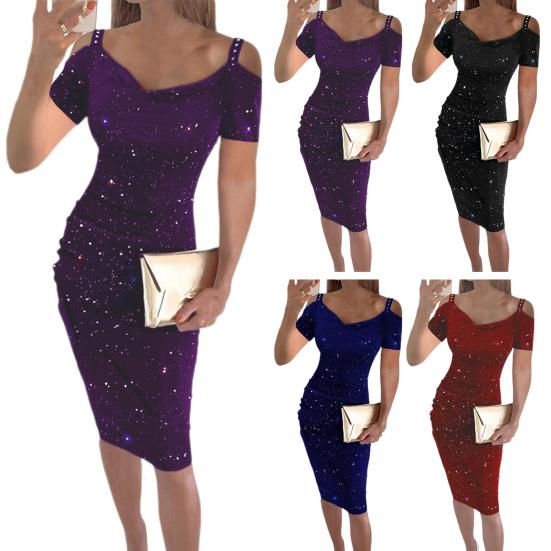 Женское летнее платье с V-образным вырезом, короткими рукавами, открытыми плечами, стразами, однотонное, мягкое, облегающее, с высокой талией, плиссированное, эластичное, для вечеринок и клуба