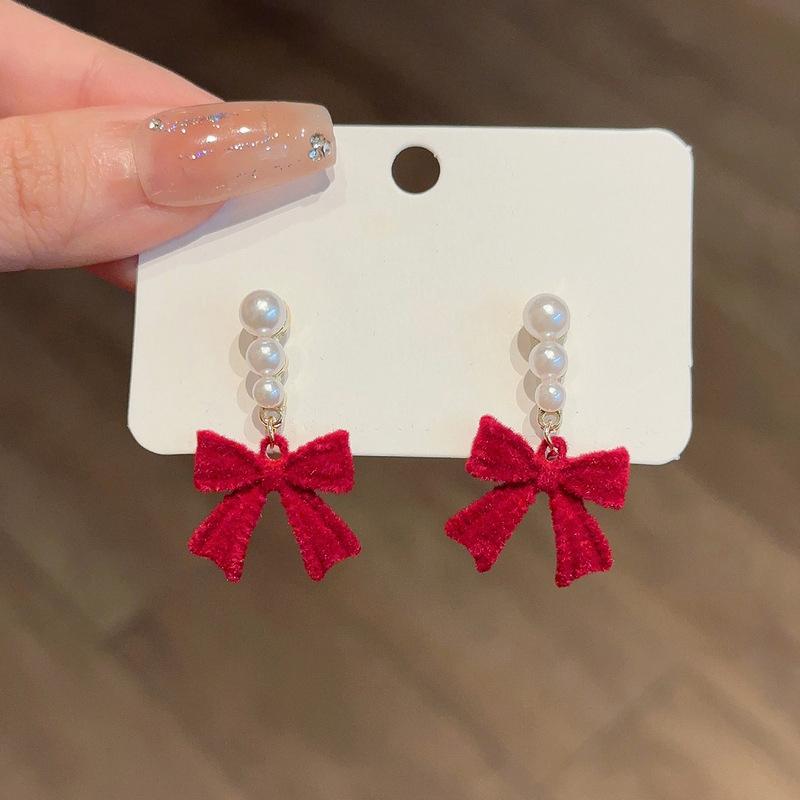 1pair Red Black Bowtie Earrings for Women Girls Simulated Pearl Cloth Bow Tie Earrings Jewelry Ear Accessories Beautiful Gifts