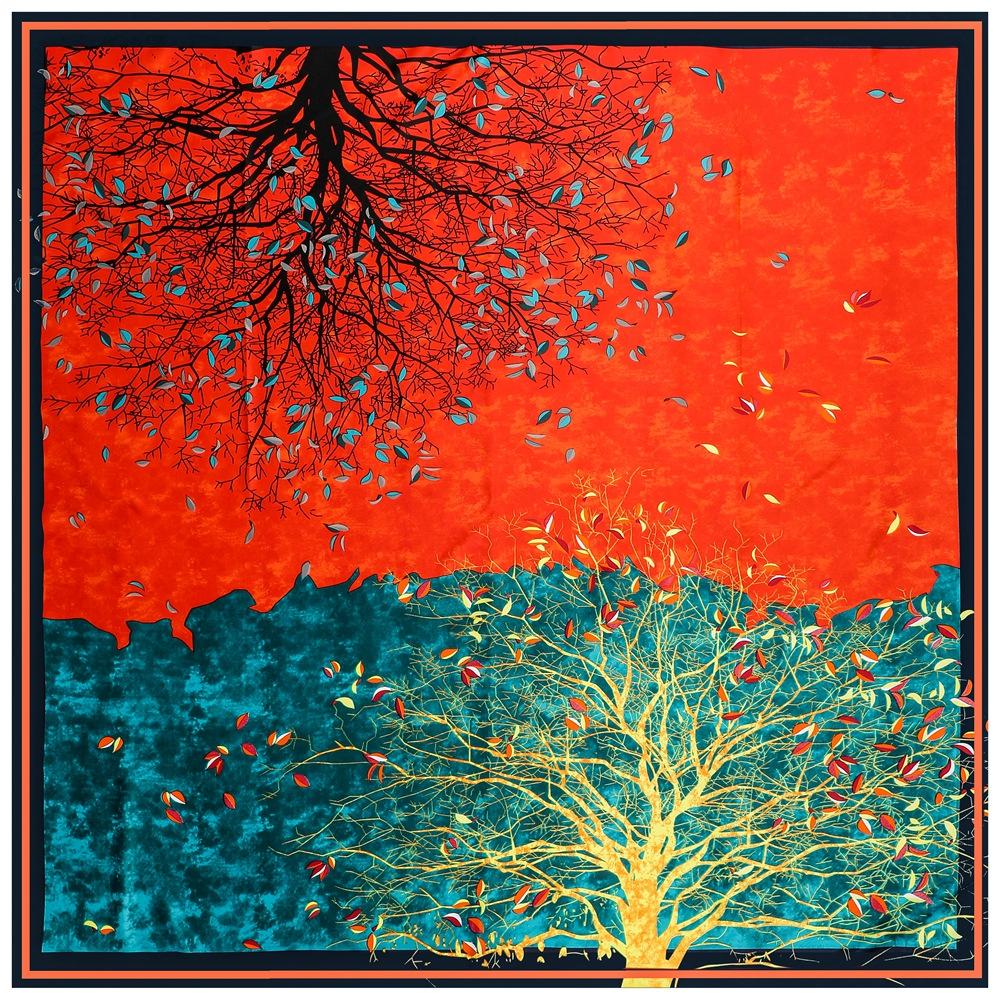 Silk Scarf Women Large Shawls Stoles Money Tree Print Square Scarves Echarpes Foulards Femme Wrap Bandanas 130*130CM