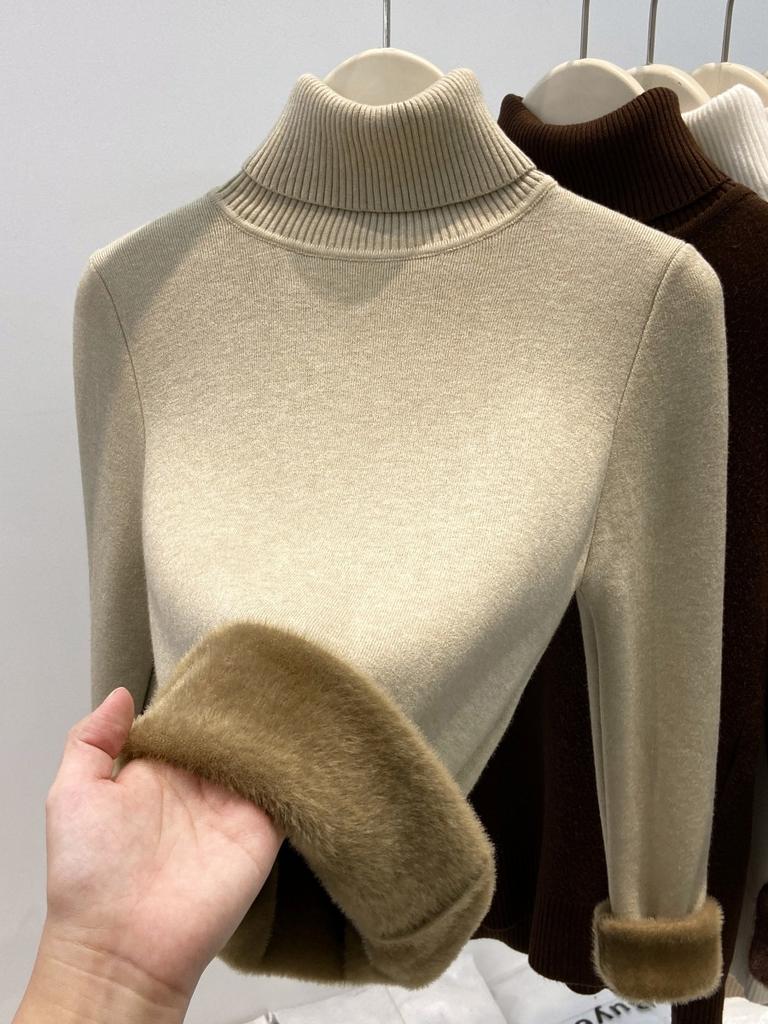 Осень и зима новый флисовый свитер с полувысоким воротником, базовая рубашка, женский интегрированный флис утолщенный, теплый и стройнящий, вязаный внутри