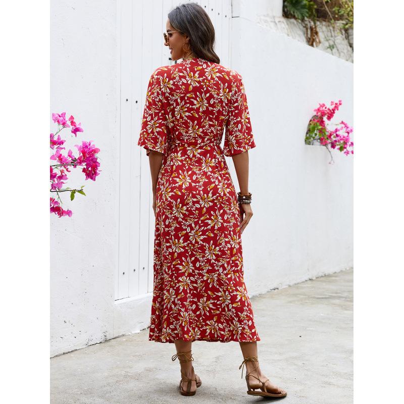 Women's print one-piece strap bow dress Bohemian vacation half-sleeve hip-wrapped fishtail beach skirt