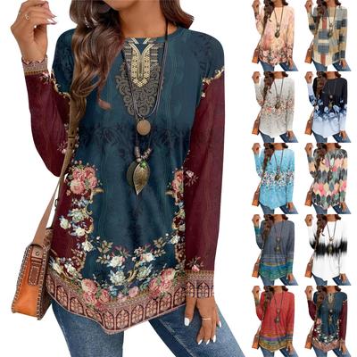 Женская повседневная футболка большого размера с длинными рукавами и круглым вырезом, винтажный этнический принт, топ-пуловер