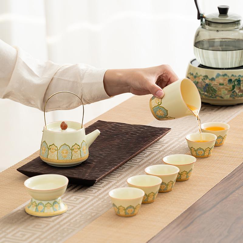 Ru Kiln Ancient Rhyme Kung Fu Tea Set Household Light Luxury High-end Ceramic Cover Bowl Teapot Teacup Complete Set High-end Gift Box