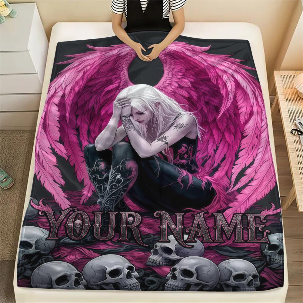 1PC Custom Name Pink Angel Skulls Patterned Flannel Blanket Suitable For All Seasons for Home Decor Warmth and Comfort Gifts Holiday Present_lx