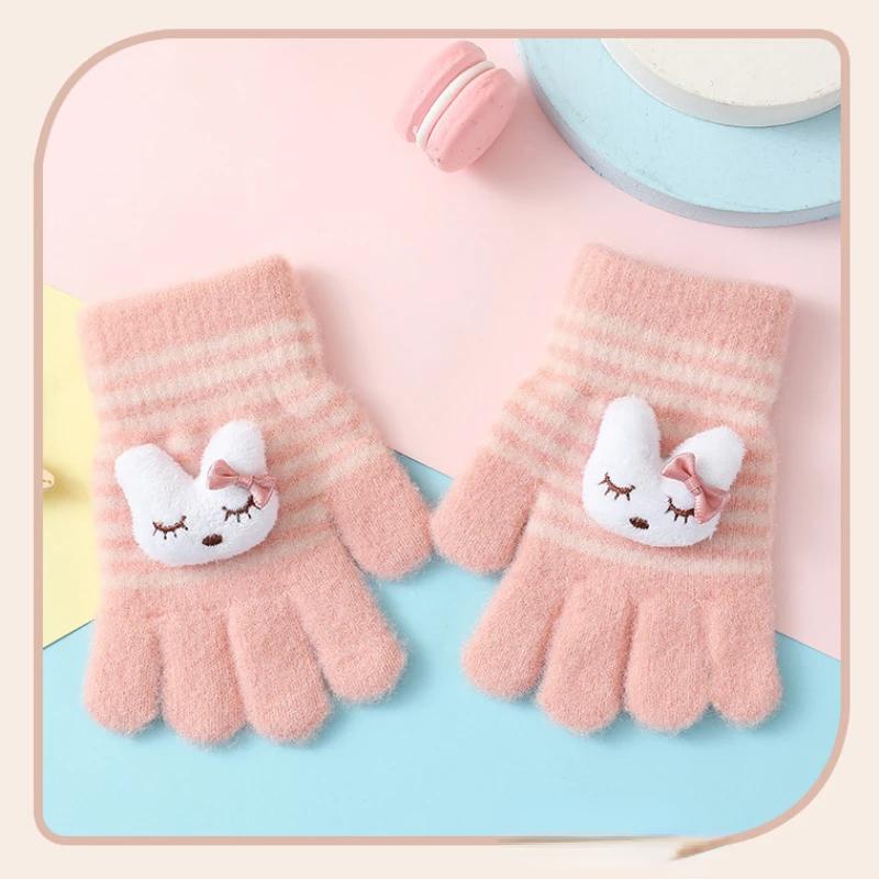 1Pairs Cute Cartoon Rabbit Bear Winter Warm Kids Gloves Kindergarten Boys Girls Five Finger Knitted Gloves for 3 To 6 Years