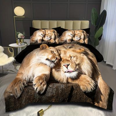 3D лев рисунок цифровая печать комплект из трех предметов животное пододеяльник простыня постельное белье