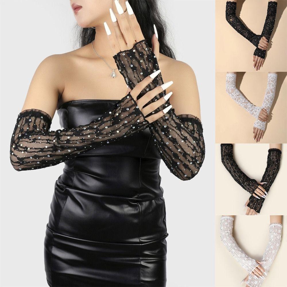 1 Pair Elasticity Mesh Gloves Glitter Rhinestone Gloves Retro Lace Gloves for Women