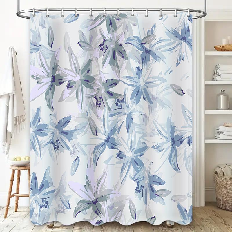 Blue and White Flower Print Shower Curtain Waterproof Bathroom Decor for Home Decoration 180x200cm (White)