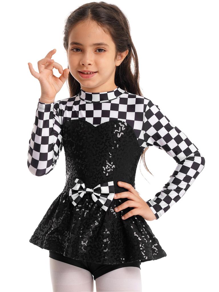 Kids Girls Racer Costume Long Sleeve Sequin Bowknot Keyhole Back Bodysuit for Halloween Cosplay Dress Up Performance