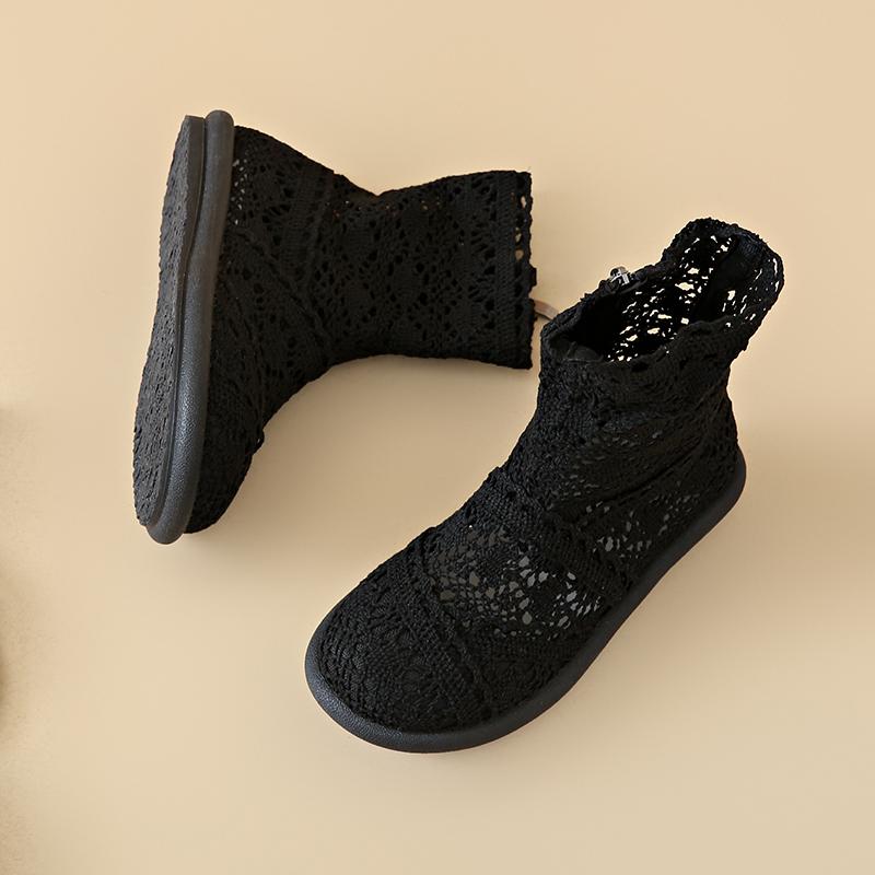 2025 Женские ботинки с вырезами, сетчатая дышащая обувь, летние женские ботильоны, вязаные, на плоской подошве, на молнии, с круглым носком, однотонная обувь