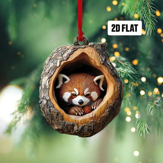 5Pcs Christmas Animal Ornaments 2D Acrylic Cute Wildlife Pendant Raccoon Owl Squirrel Hedgehog Bird Tree Hole Wood Texture Hanging Decorations