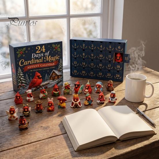 Christmas Desk Decor Red Bird Advent Calendar, 24 Unique Miniature Holiday Ornament Set Figurines, Tree Hanging Ornaments for Gifts Parent Child