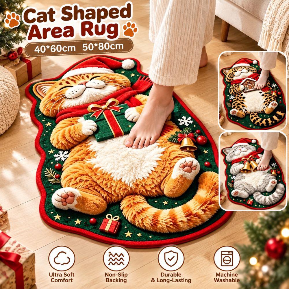 Plush Sleeping Cat Floor Mat Red and Green Cartoon Doormat Carpet Entryway Decor