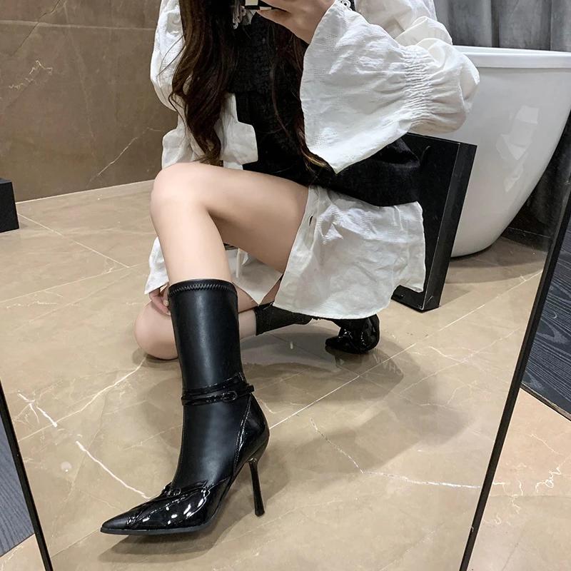 Женские туфли на каблуках, женские эластичные сапоги до щиколотки, модная обувь с пряжкой и ремешком, острый нос, сексуальные женские эластичные короткие сапоги