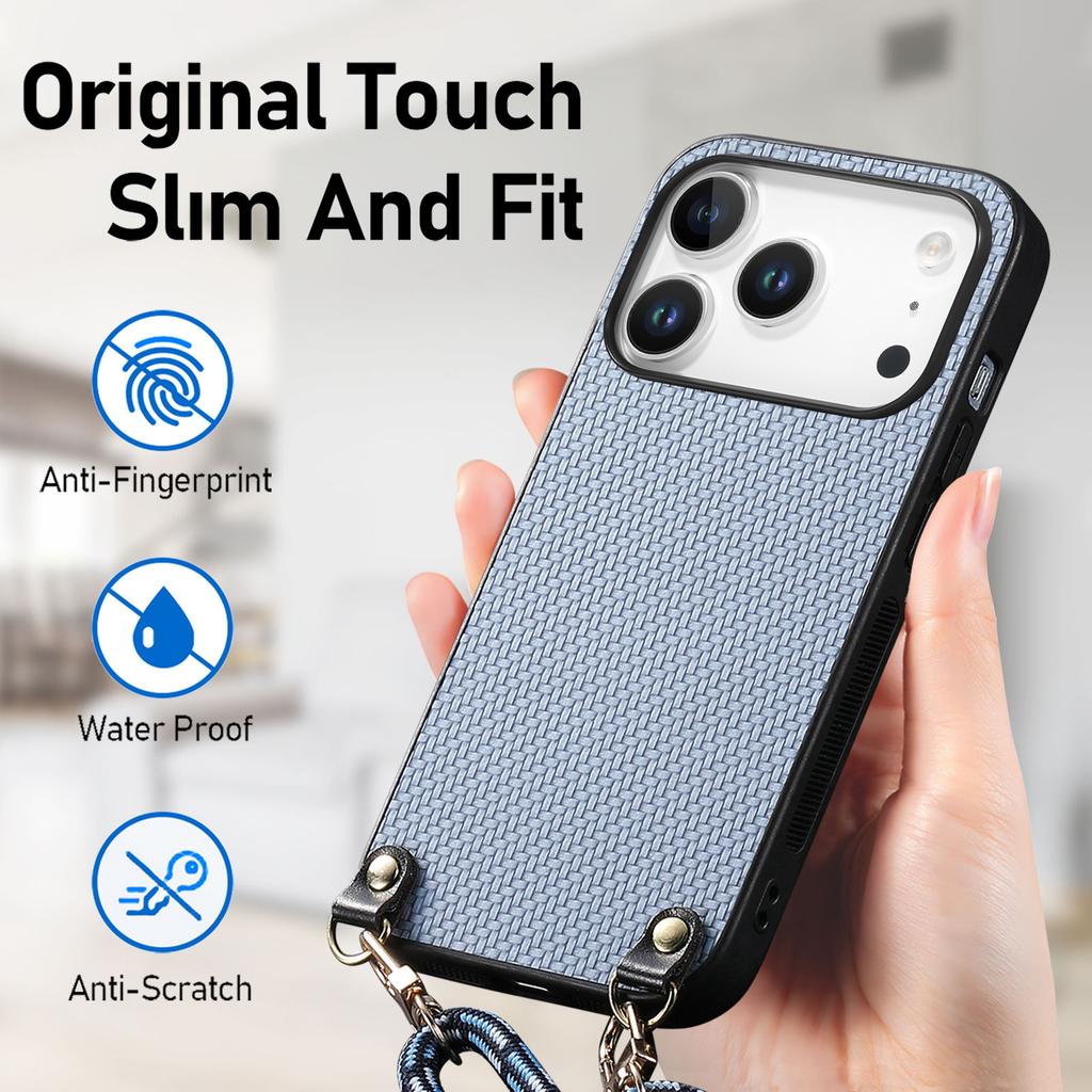 For iPhone 17 Pro Case Carbon Fiber Texture PU+PC+TPU Anti Drop Phone Cover with Crossbody Lanyard