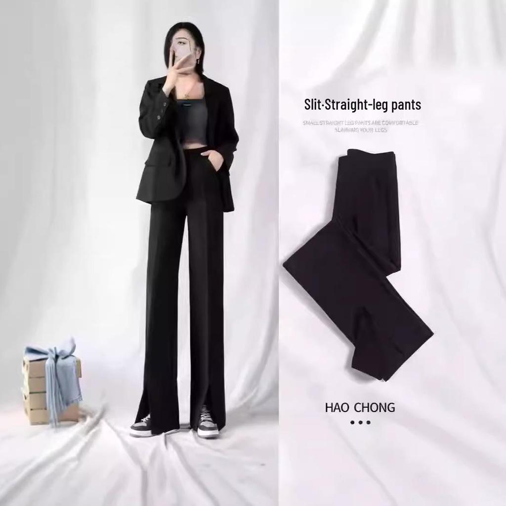 Женские брюки-костюмные микроклеш с разрезом и широкими штанинами с высокой посадкой на осень 2024 года - Универсальные, стройнящие, повседневные брюки