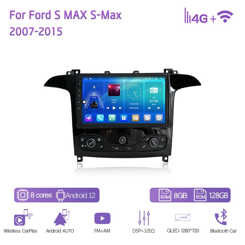 9" Для Ford S MAX S-Max 2007-2015 Автомобильный мультимедийный видеоплеер GPS-навигация Радио Android12 8+128G 8 ядер CarPlay 4G 360 камера