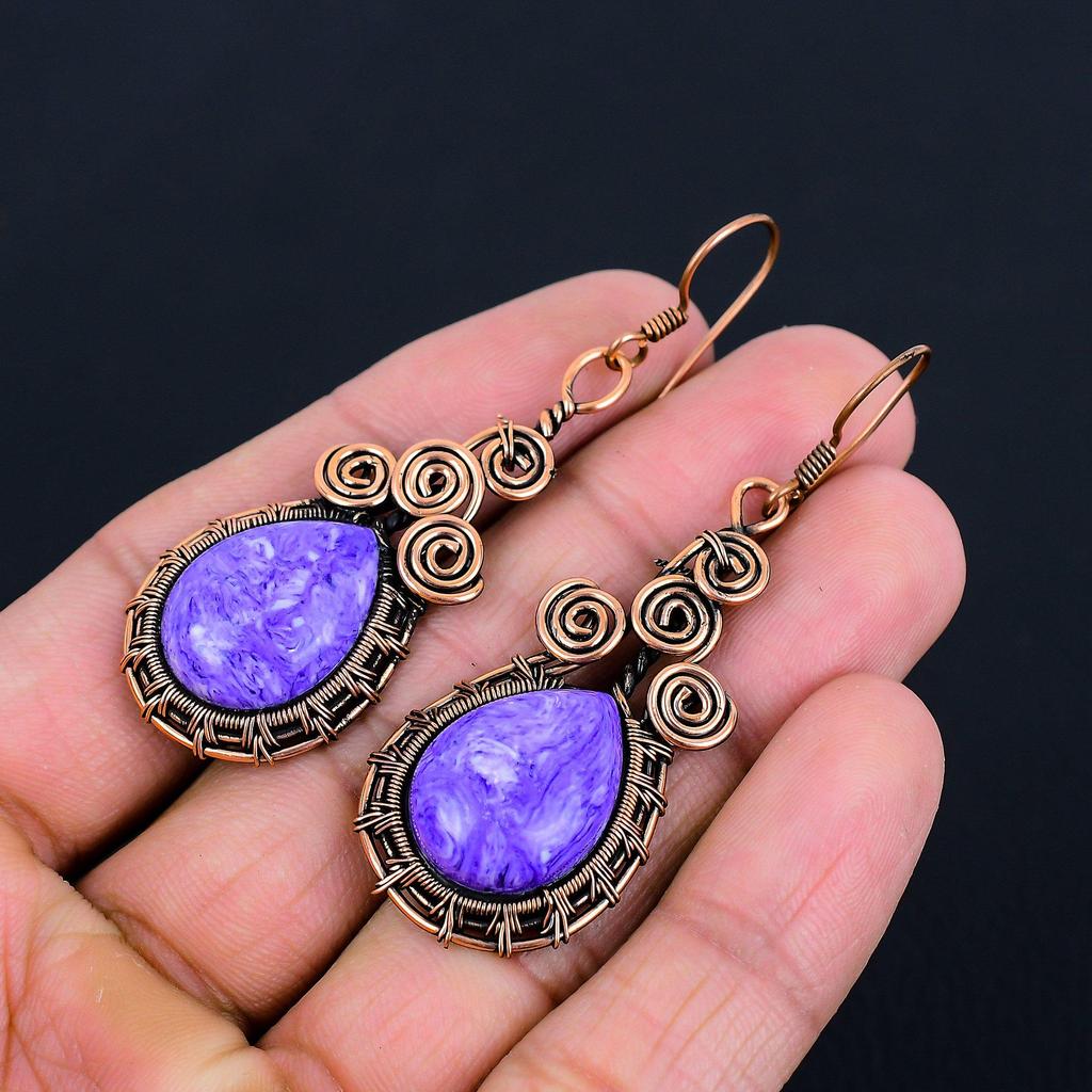 Wonderful Charoite Gemstone Handmade Pure Copper Wire Wrapped Earrings Jewelry