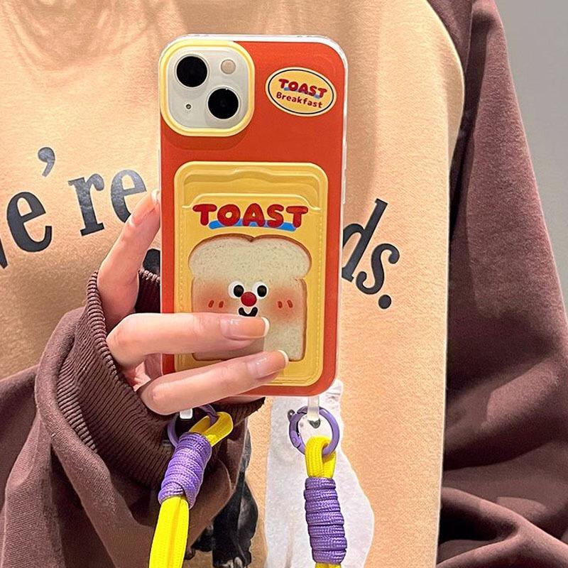Toast Bear for iPhone 17 Air 16 Pro Max 15 Plus 14 13 Mini 12 11 Pro XS XR Card Holder Cartoon Phone Case With Lanyard