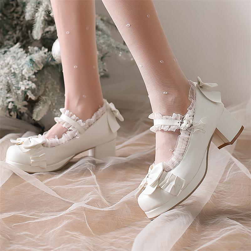 FOREADA Женские туфли-лолита Мэри Джейн с круглым носком, на толстом среднем каблуке, с пряжкой, бантом и оборками, кавайные модные женские туфли, весна-осень 46