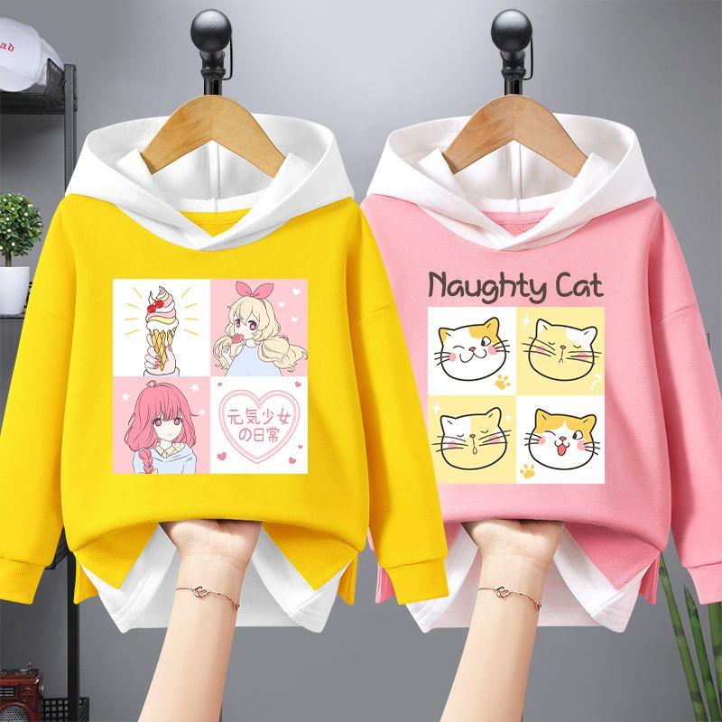 Свитер для девочек, весенние и осенние топы с капюшоном, новинка 2023 года, искусственная одежда из двух предметов для девочек среднего и старшего возраста, темпераментная детская осенняя одежда