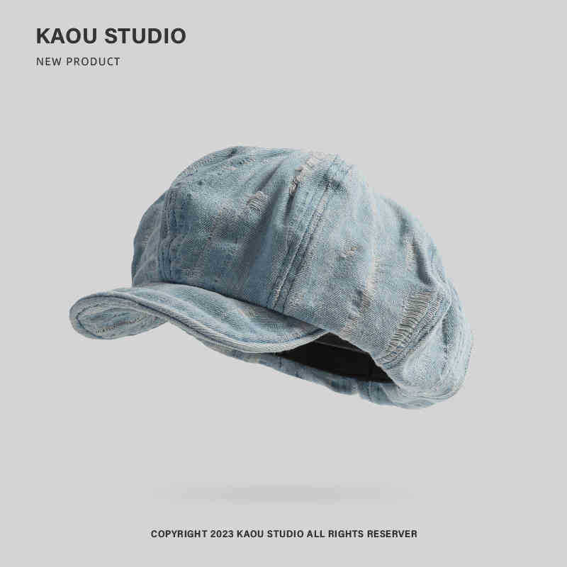 Make old cowboy beret with holes, women show small face, retro washed cloud hat, spring and autumn casual octagonal hat tide