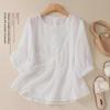 Summer Retro Embroidered Cotton-Linen T-Shirt: Solid Color, Loose Fit, Round Neck