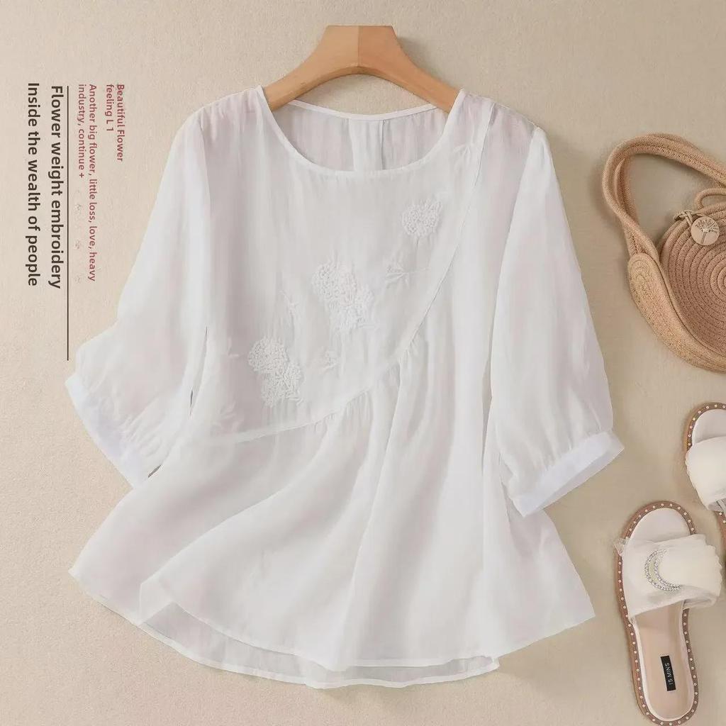 Summer Retro Embroidered Cotton-Linen T-Shirt: Solid Color, Loose Fit, Round Neck
