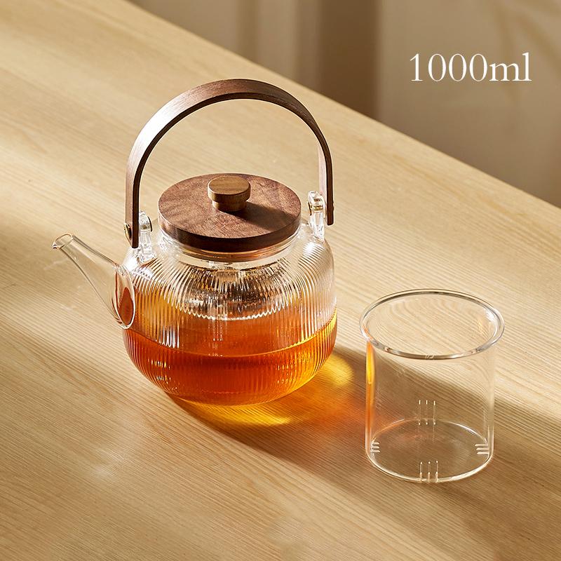 GIANXI Wooden Handle Teapot Wooden Lid Glass Teapot Chinese Kung Fu Tea Set Steam Teapot Transparent Flower Tea Cup Tray Tea Set