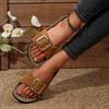 2026 Женская обувь Открытый носок Женские шлепанцы Новая пряжка-застежка Повседневные шлепанцы Женские летние Однотонные Большого размера Шлепанцы на плоской подошве