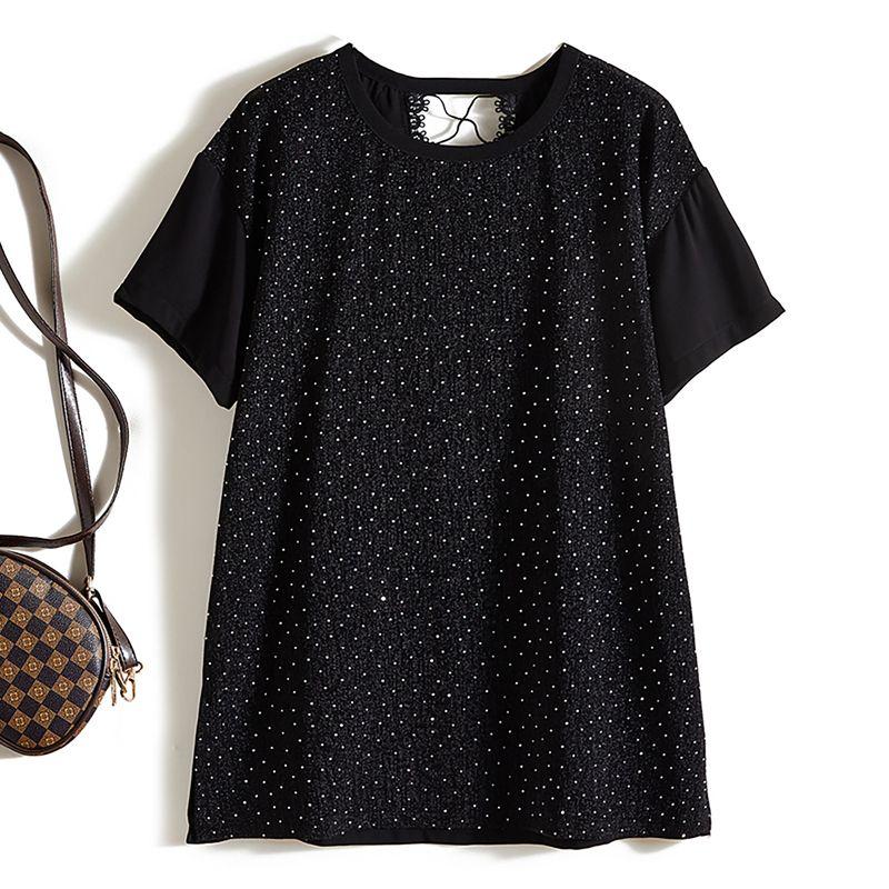 European and American Fashion Top! Starlight Girls Water Soluble Diamond Double-Sided Fabric Round Neck Mid-Length Round Neck T-shirt Amoi