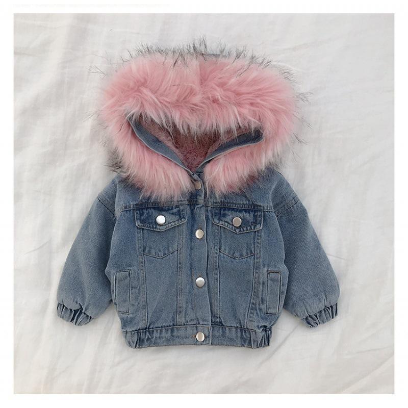 Childrens Jacket Girls Winter Denim Thickened Warm Hooded Hair Collar