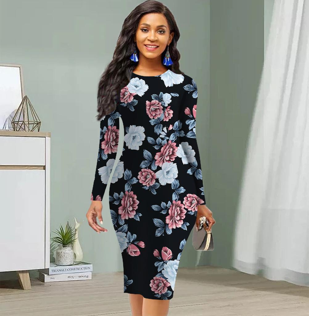 Long Sleeve Waist Tight Office Slim Fit Camellia Printing Elegant Bodycon Dress