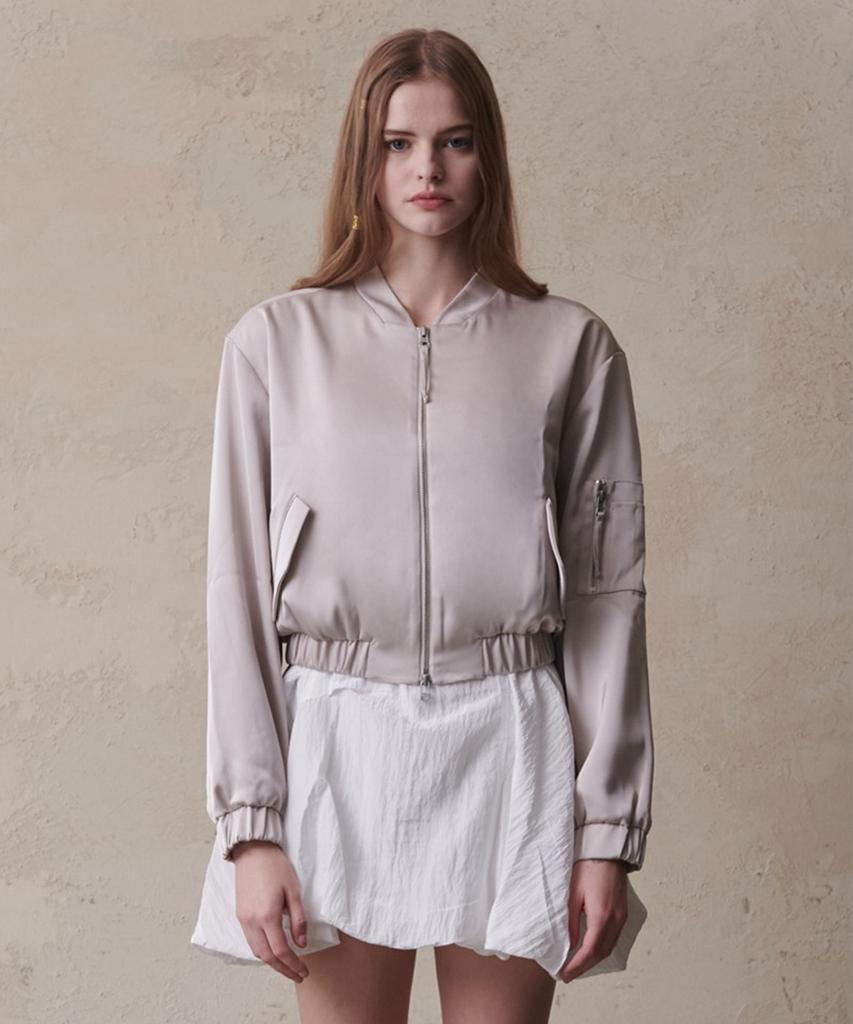 Artinary Crop Satin Bomber Jacket (Beige)