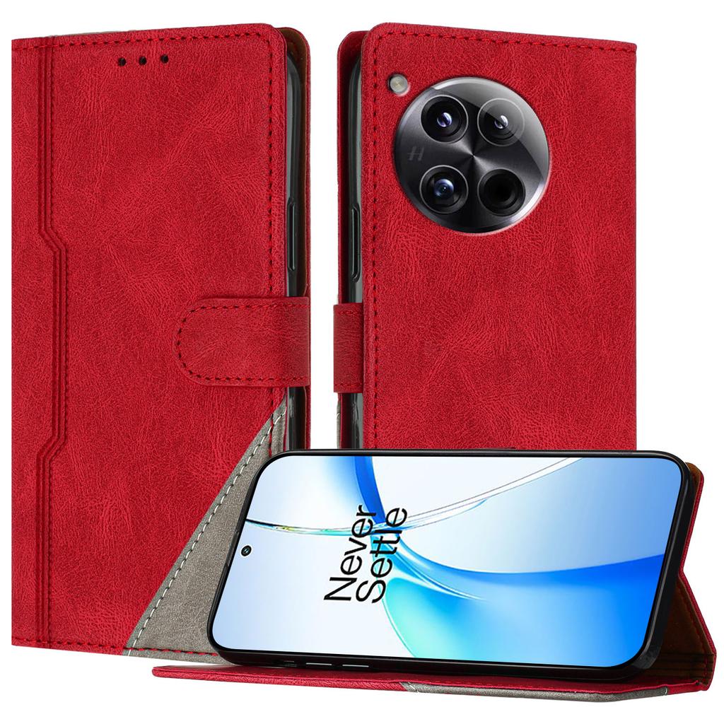 For OnePlus 12 5G Leather Case Triangle Patchwork Wallet Stand Shockproof Phone Cover