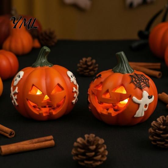 Halloween Party Centerpieces Spooky Lighted Pumpkin Figurine, Engraved Light-Up Resin LED Lights for Porch Statue Tabletop Indoor Outdoor Garden Patio