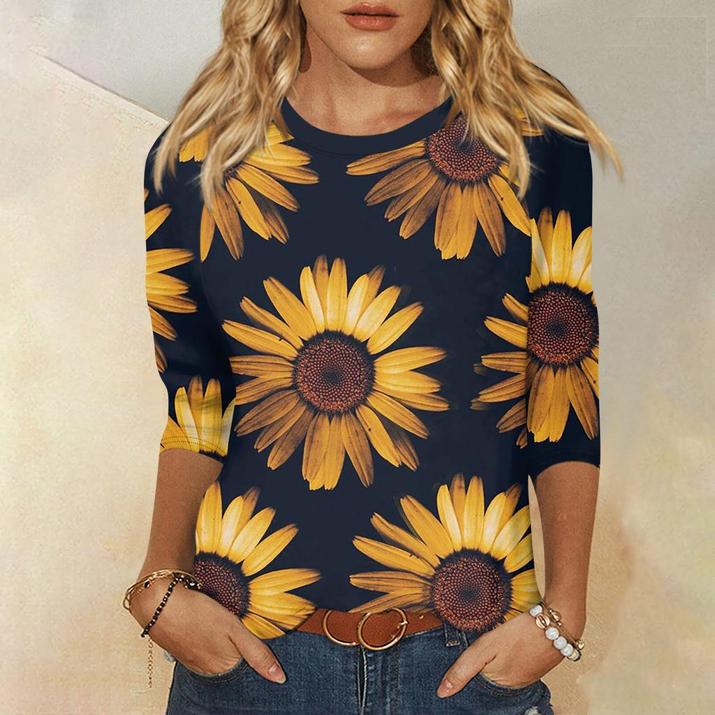 Women's Fashion Casual Printed 3/4 Raglan Sleeve Round Neck Top