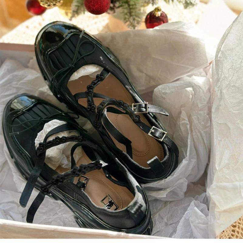 Lolita Thick Bottom Casual Sneakers Women's Fashion Beaded Shallow Ankle Strap Designer Shoes High Heeled Mary Jane Shoes