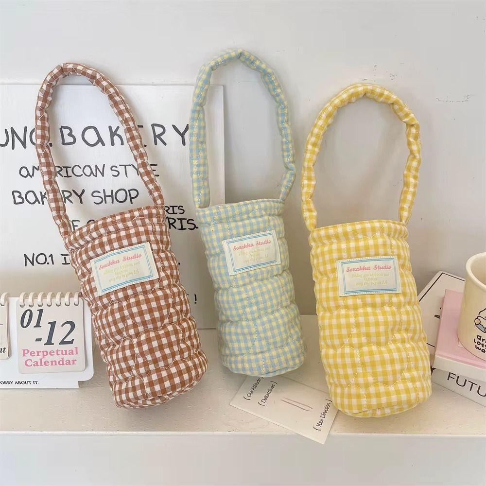 Plaid Design Water Bottle Protective Cover Heart Embroidery Thermos Cup Sleeve For Men And Women