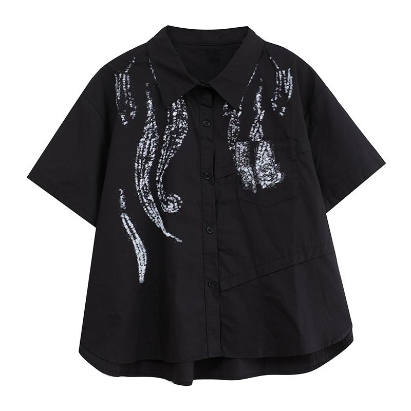 DIMANAF 2025 Plus Size New Summer Blouse Short Sleeve Vintage Printing Casual Women Loose Tops Buttons Shirts