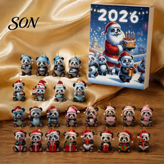 Creative Holiday Ornament Christmas Panda Advent Calendar, 24 Days Countdown Contains Acrylic Cute Animal Ornaments, Hanging Decorations for Tree