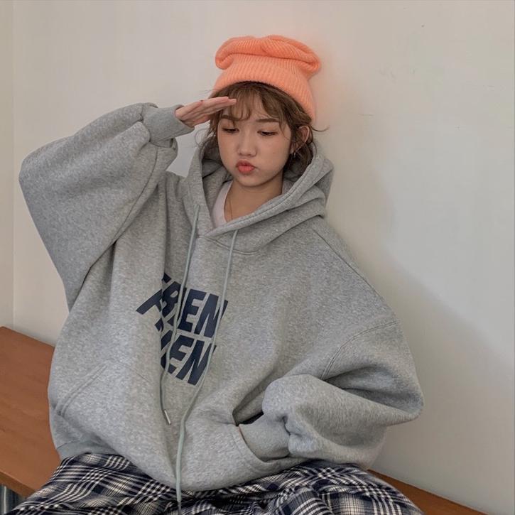 Oversized Korean Retro Hoodies Women Vintage Casual Hooded Sweatshirts Thicken Warm Velvet Top Harajuku Pullover Autumn