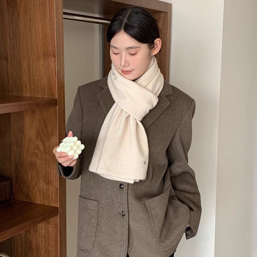 Korean Style Funi Blue Wool Blended Knitted Scarf for Women Winter Warm and Windproof Fashion Versatile Solid Color Scarf