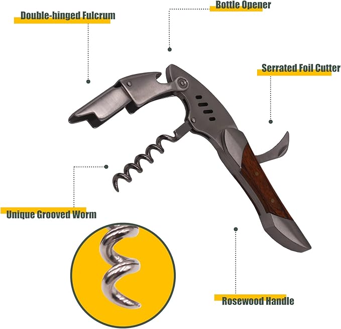 Штопор официанта, Открывалка для винных бутылок, Сверхпрочная нержавеющая сталь, Рукоятка из палисандра, Винный ключ в форме акулы, Подарок для официантов, барменов, сомелье