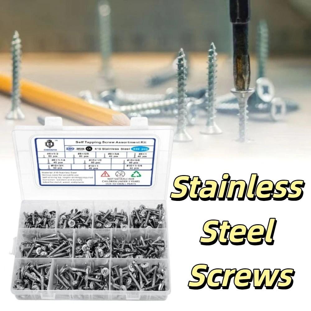 450pcs 410 Stainless Steel Self Tapping Screws Hex Head Stainless Steel Screws Assortment Set