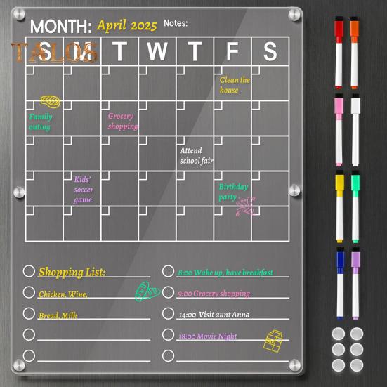 Acrylic Fridge Calendar Clear Monthly Planner White Board for Refrigerator Dry Erase Board Calendar with 8 Markers for Businees Meetings Grocery List