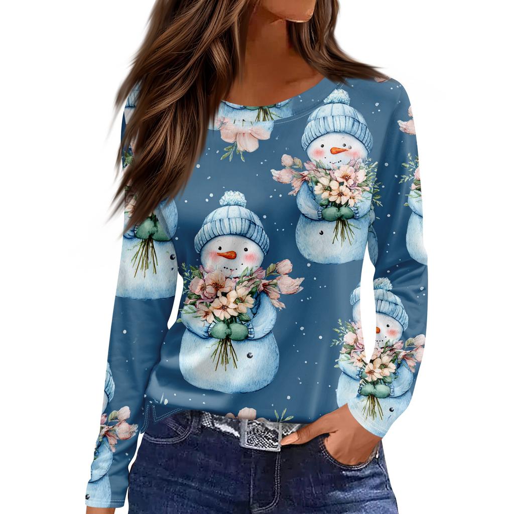 Women's Fashion Casual Slit Hem Round Neck Long Sleeve Loose Printed T-Shirt Top