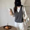 Корейская версия однотонный карманный вязаный жилет кардиган женский осень зима новый свободный модный V-образный вырез без рукавов свитер жилет