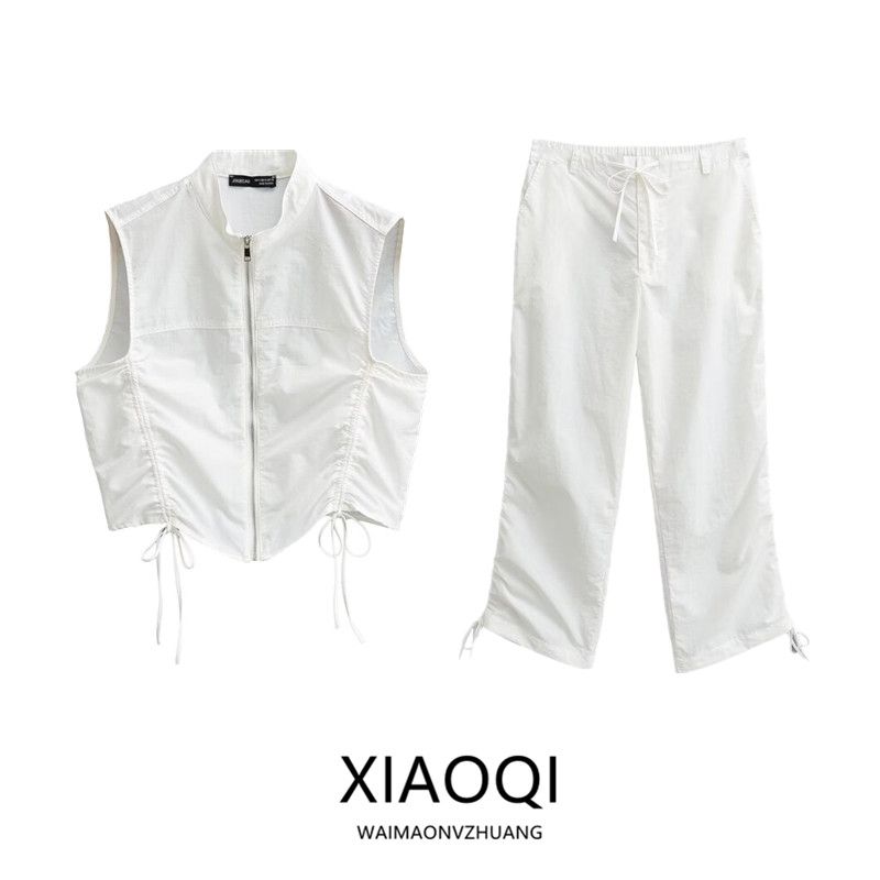 Fashion Style 2024 Spring New Women's Clothing Zipper Stand Collar Sleeveless Vest High Waist Pants 4749709