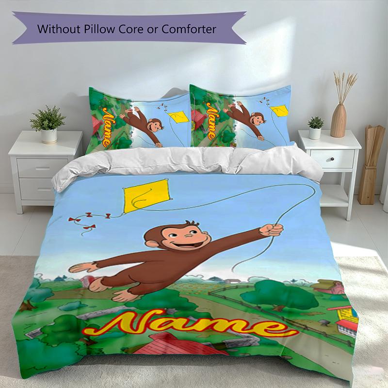 3pcs Custom Name Curious George Set,Includes 1 Duvet Cover and 2 Pillowcases,All-season Bedroom Decor